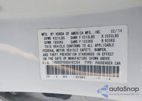 2014 Honda Accord Ex-L z USA, uszkodzony, nr VIN 1HGCR2F85EA163354